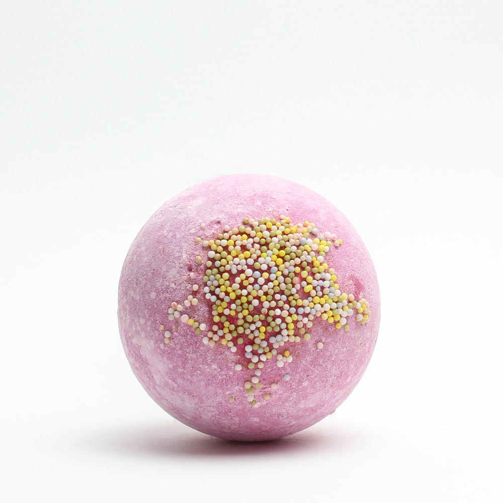 pink bath bomb on a white display