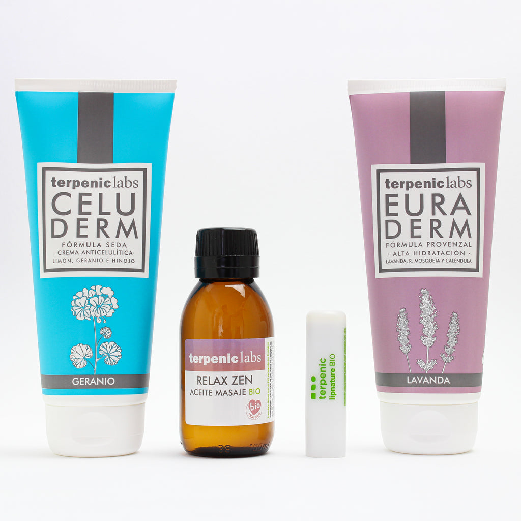 Terpenic - Full Body Circulation Pack containing celuderm, euraderm, relax massage oil, and lipbalm.